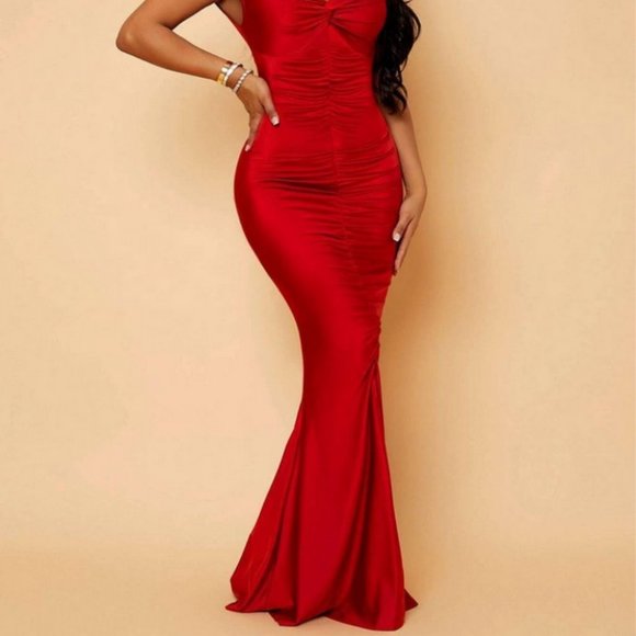 twist front runched off shoulder maxi dress red - Picture 5 of 7